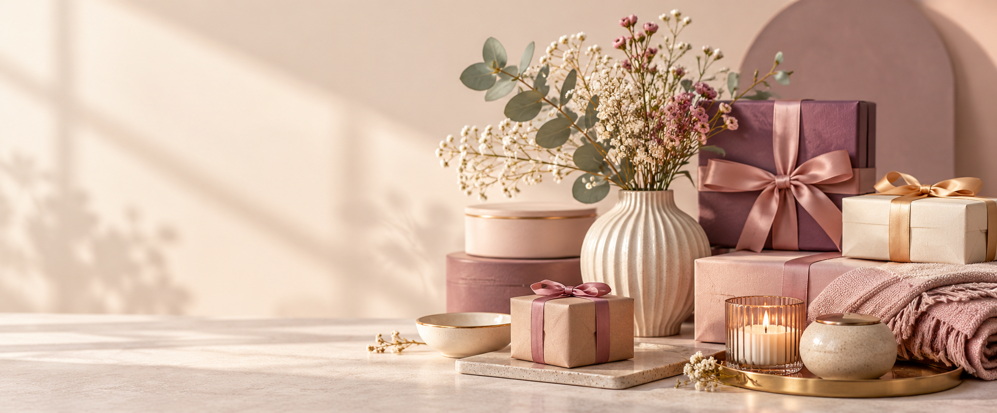 Composition décorative de paquets cadeaux, fleurs et objets dans les tons crème, rose et prune