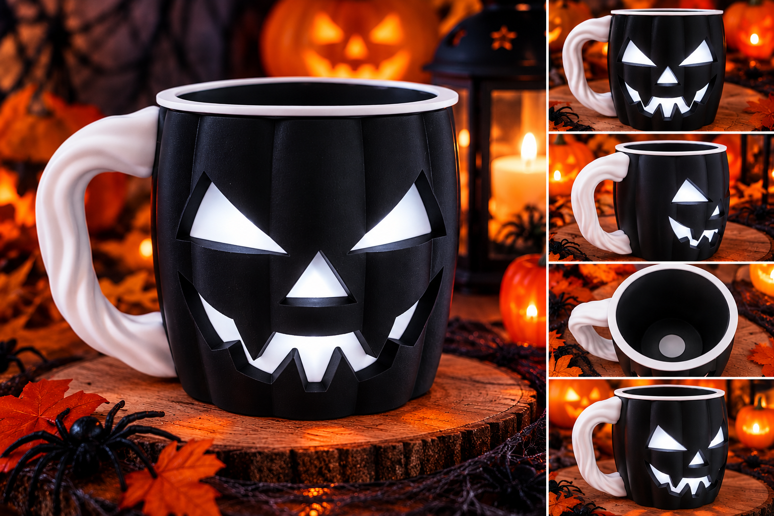 Tasse citrouille noire d’Halloween avec poignée blanche et visage lumineux