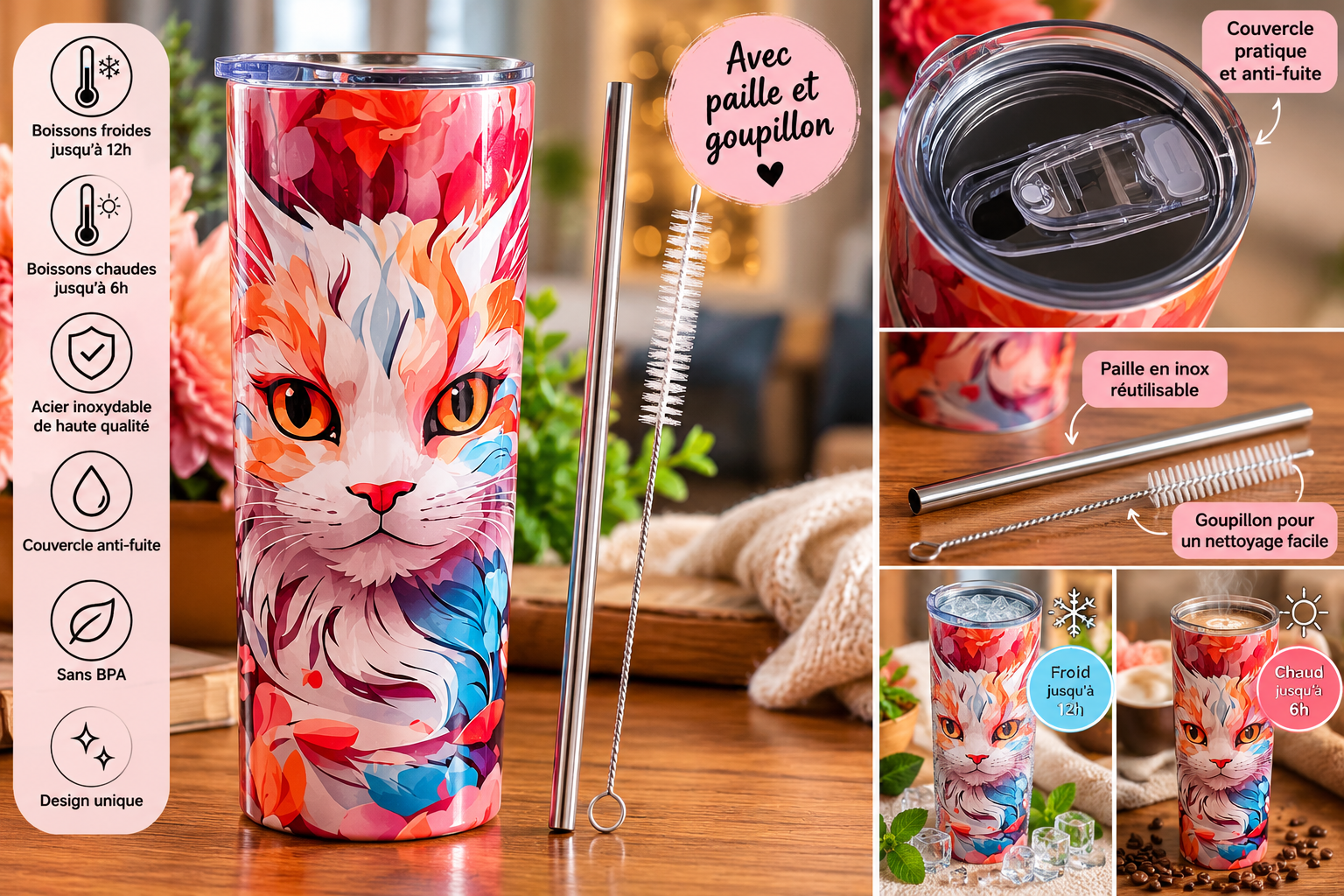 Tumbler chat coloré de 500 ml avec paille en acier inoxydable et goupillon