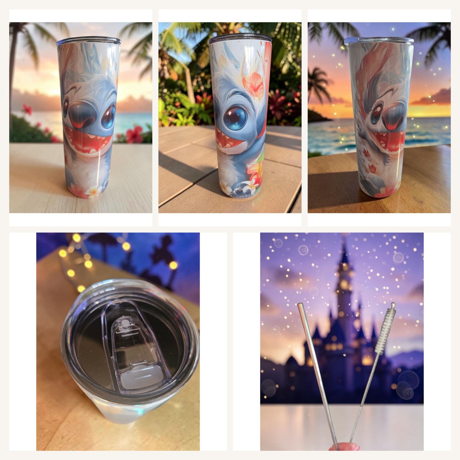 Tumbler Stitch aux couleurs tropicales, avec fleurs, paille et accessoires